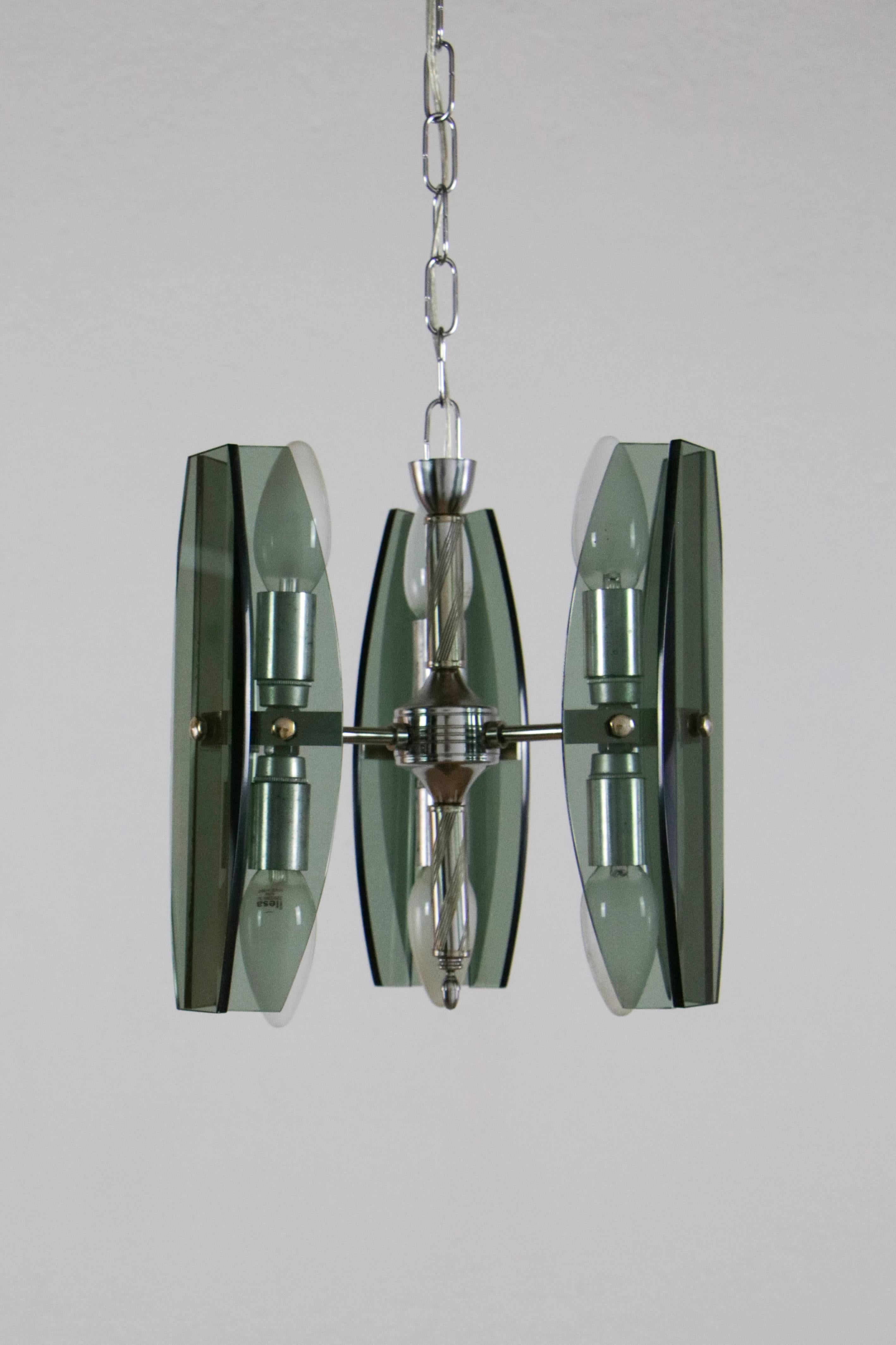 Brass Italian Mid-Century Space Age Chandelier Veca Style by Fontana Arte, 1970s For Sale