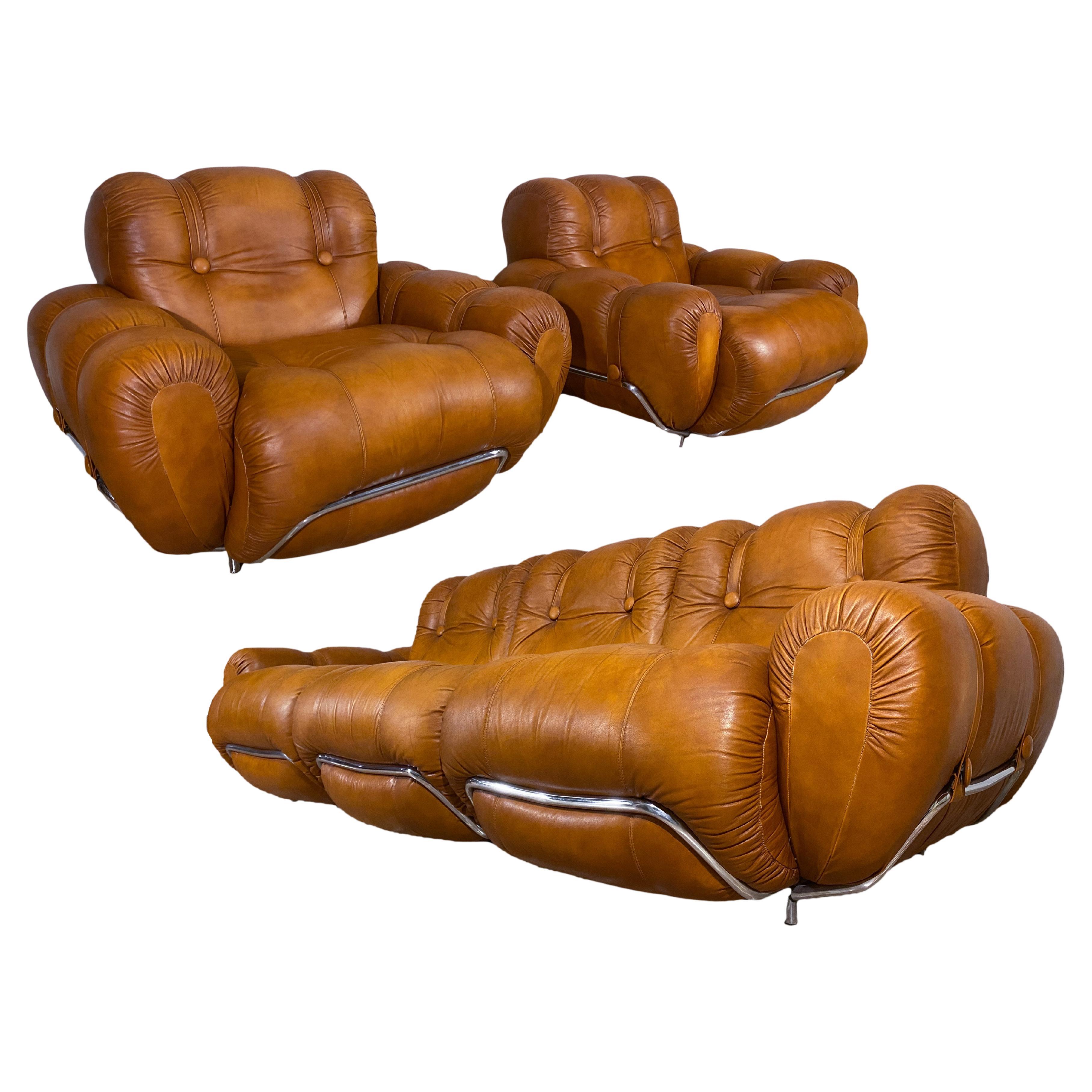 Italian Mid-Century Space Age Living Room Set in Natural Leather, 1970 For Sale