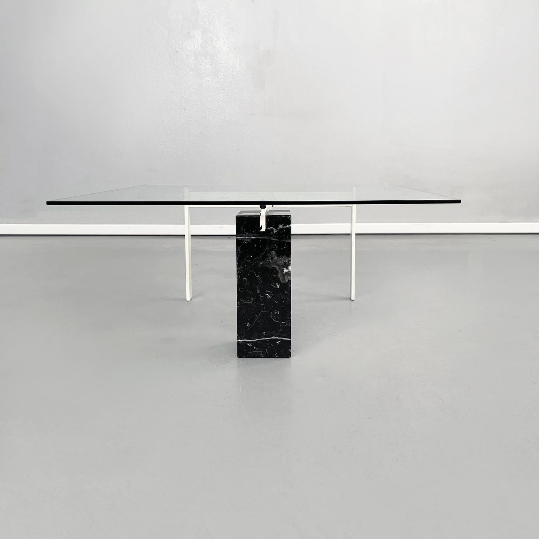 Mid-Century Modern Italian Mid-Century Square Coffee Table Glass, Iron and Marquinia Marble, 1980s For Sale