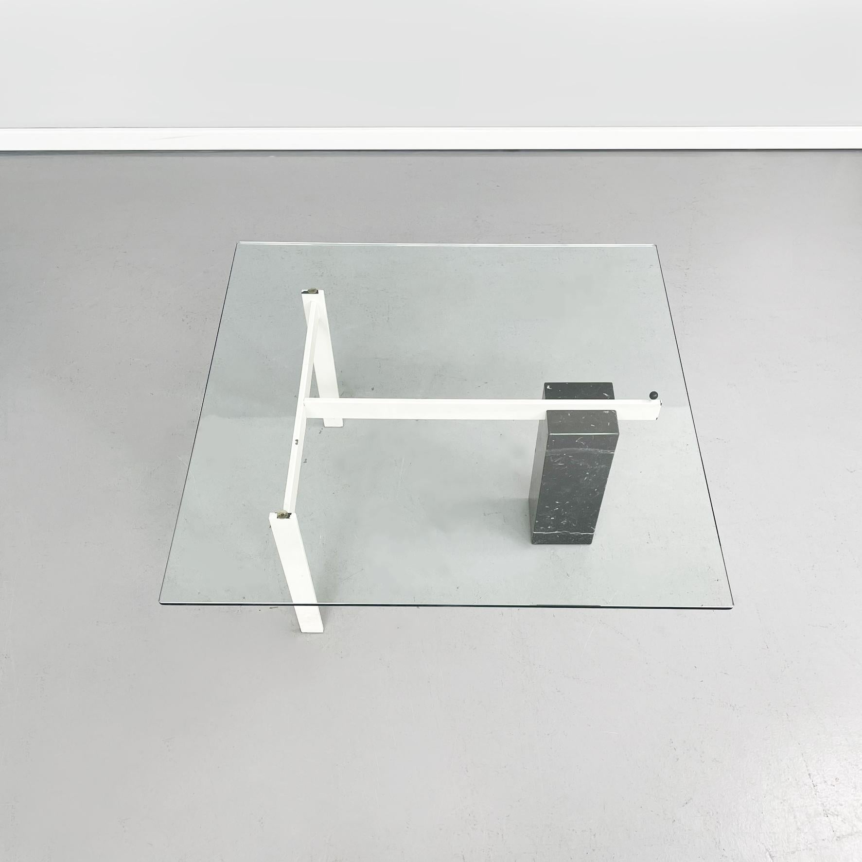 Italian Mid-Century Square Coffee Table Glass, Iron and Marquinia Marble, 1980s In Good Condition For Sale In MIlano, IT