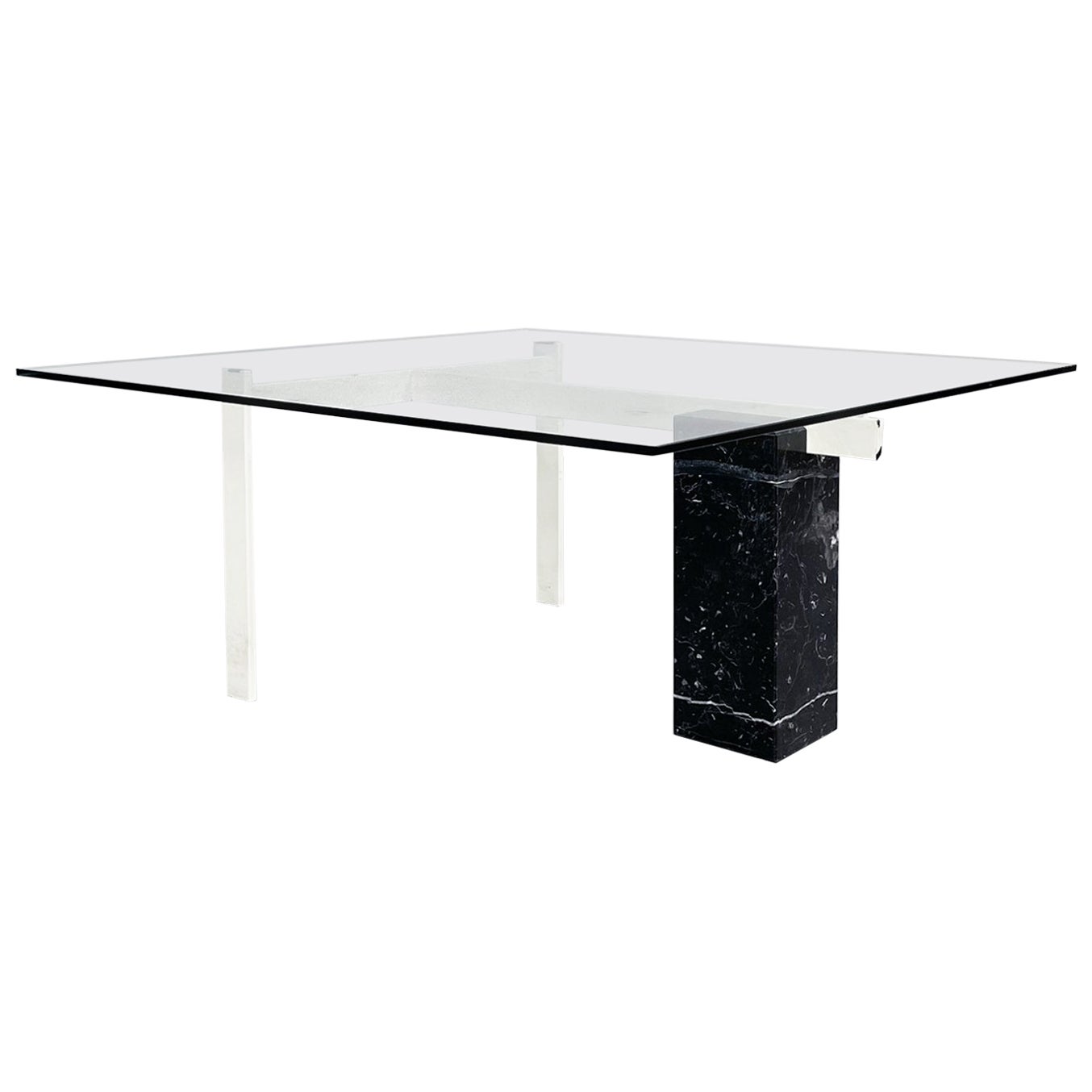 Italian Mid-Century Square Coffee Table Glass, Iron and Marquinia Marble, 1980s