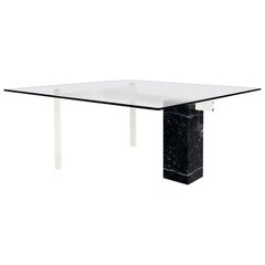 Italian Mid-Century Square Coffee Table Glass, Iron and Marquinia Marble, 1980s