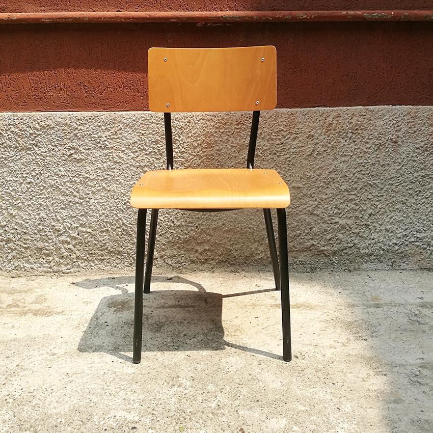 Italian Midcentury Stackable Beech and Metal School Chairs, 1960s 2