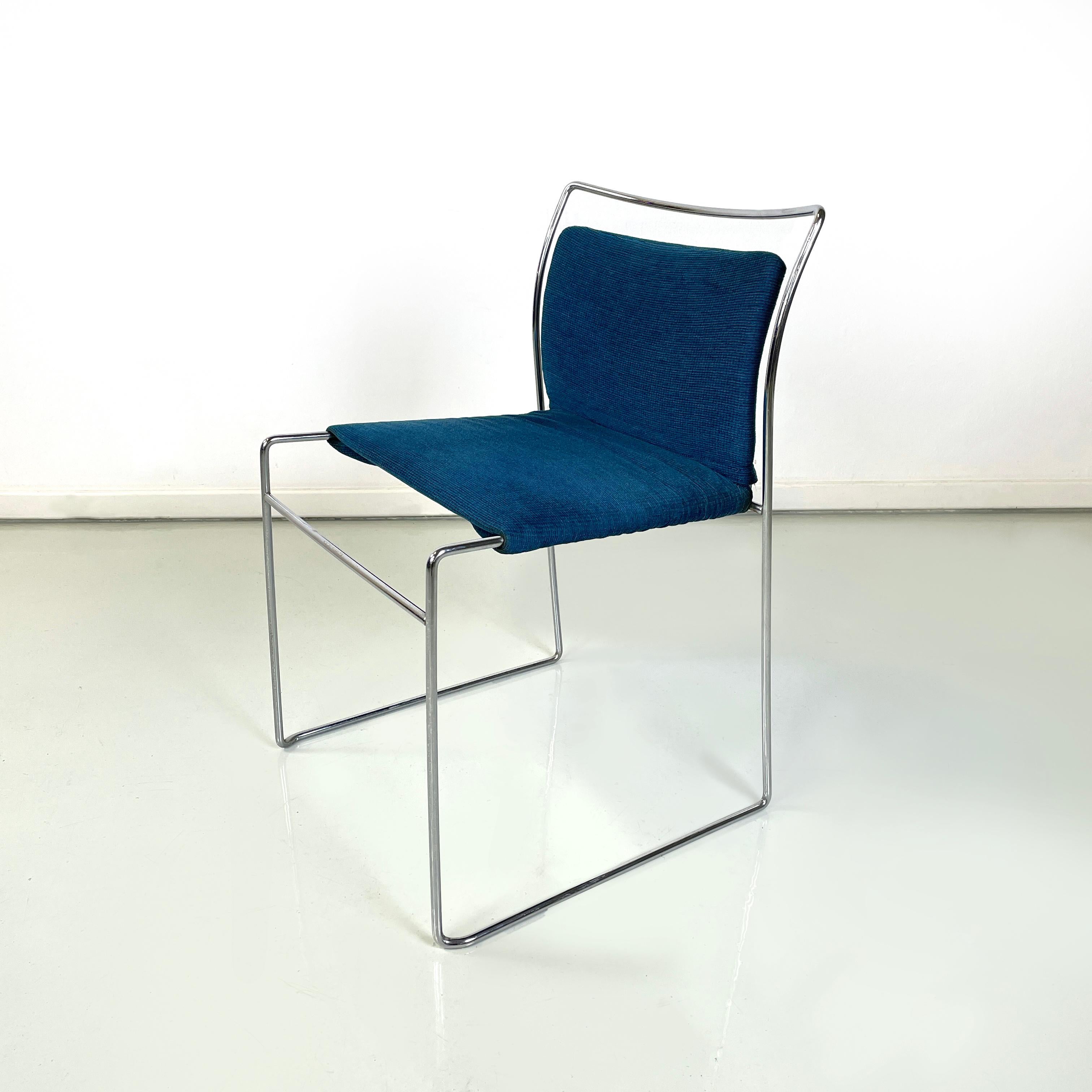 Italian mid-century modern Stackable Chairs Tulu by Kazuhide Takahama for Simon Gavina, 1973
Set of 6 Iconic and vintage chairs mod. Tulu with rectangular seat and backrest, padded and covered in blue textured velvet fabric. Steel rod structure. The