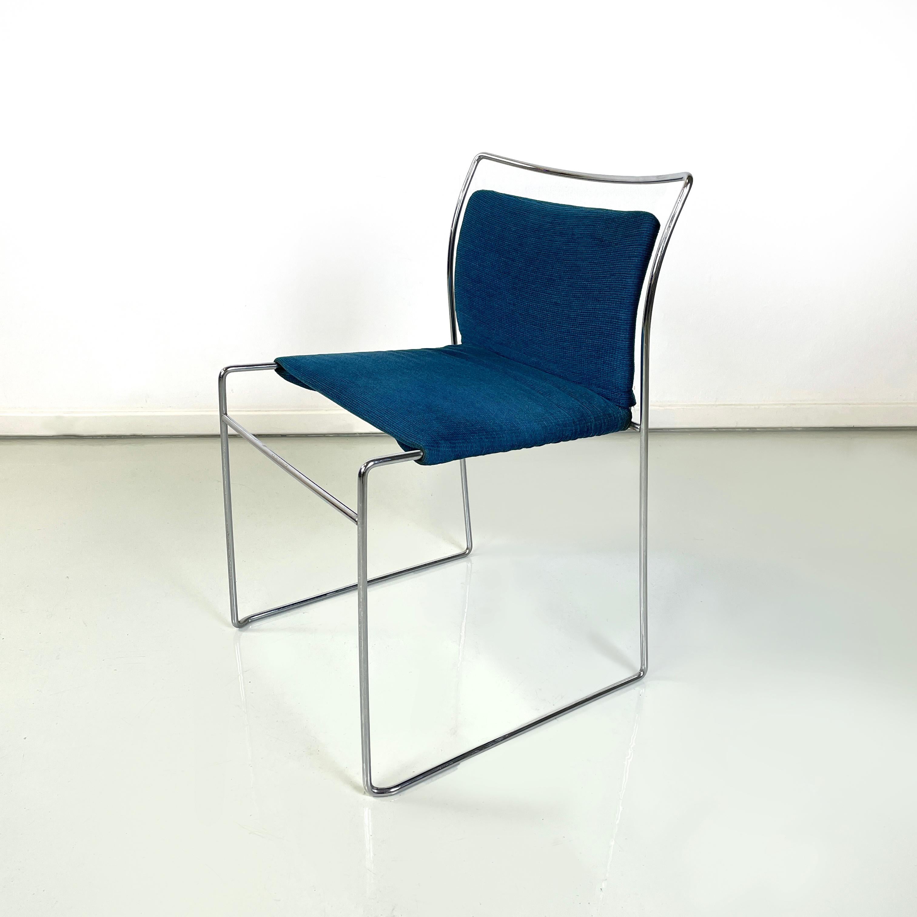 Italian mid-century modern Stackable Chairs Tulu by Kazuhide Takahama for Simon Gavina, 1973
Set of 8 iconic and vintage chairs mod. Tulu with rectangular seat and backrest, padded and covered in blue textured velvet fabric. Steel rod structure. The