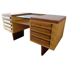 Italian Mid-Century Stately Wooden Desk with Glass Top, 1950s