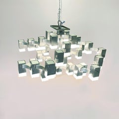 Lustre cubique italien du milieu du siècle en acier et verre de Gaetano Sciolari, années 1960