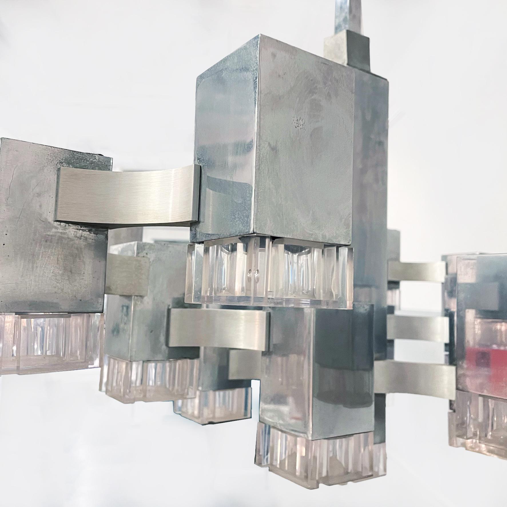 Italian Mid-Century Steel and Glass Chandelier Cubic by Gaetano Sciolari, 1960s 4