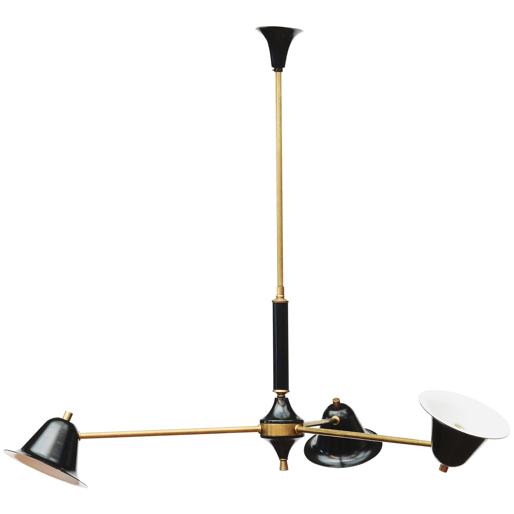 Italian Midcentury Stilnovo Chandelier, Brass, Black and White