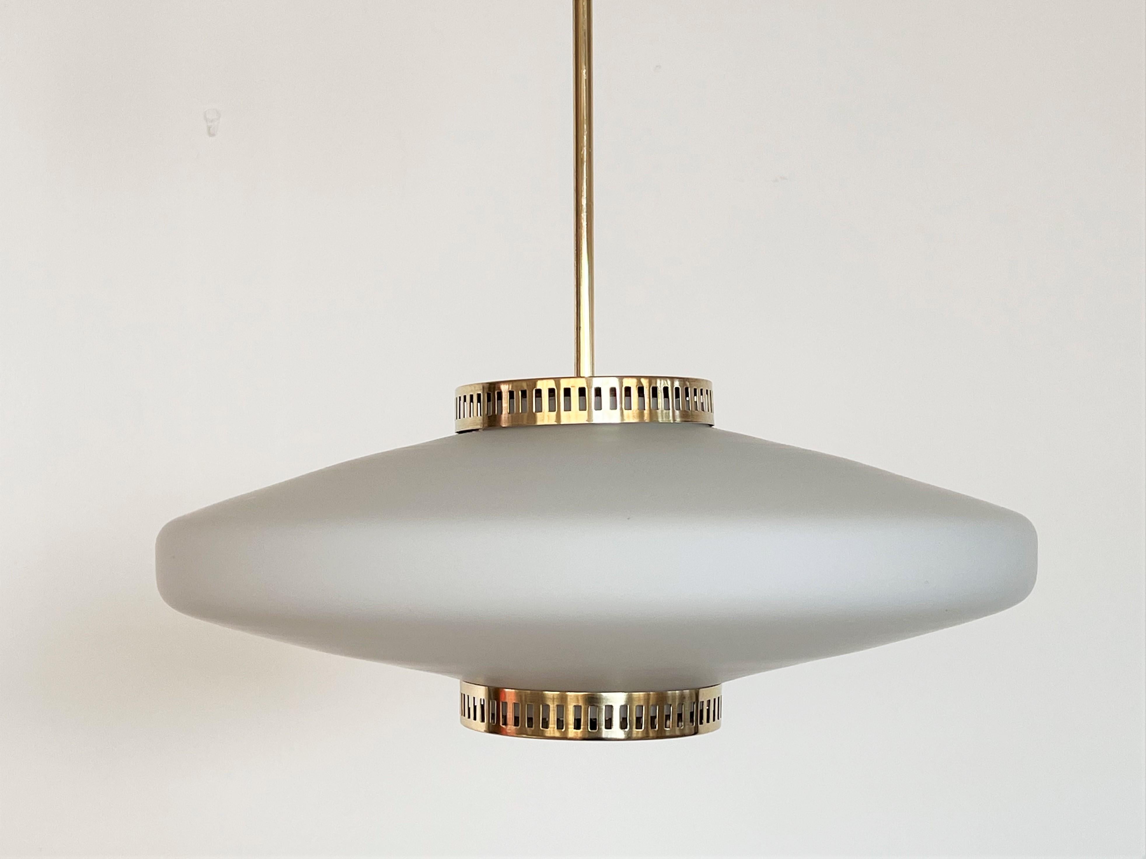 Italian Mid-Century Stilnovo Pendant Light with Opaline Glass and Brass, 1970s 2