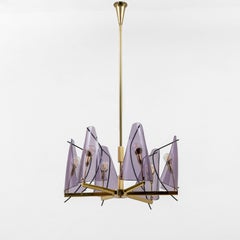 Italian Mid-Century Stilux Milano Chandelier in Brass and Purple Plexiglass, 70s