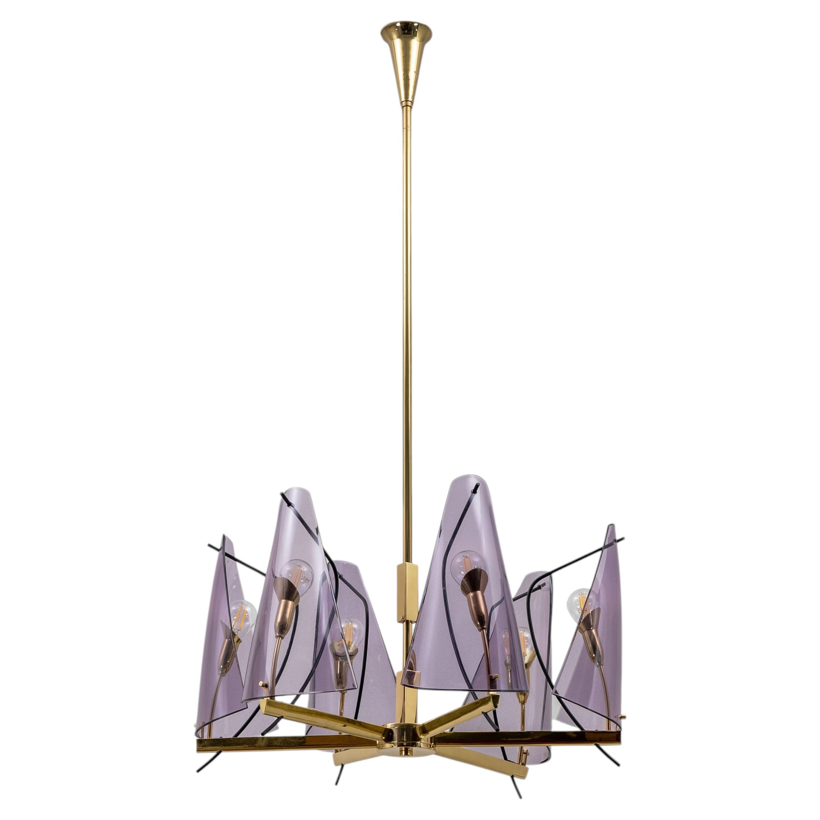 Italian Mid-Century Stilux Milano Chandelier in Brass and Purple Plexiglass, 70s For Sale