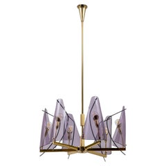 Italian Mid-Century Stilux Milano Chandelier in Brass and Purple Plexiglass, 70s
