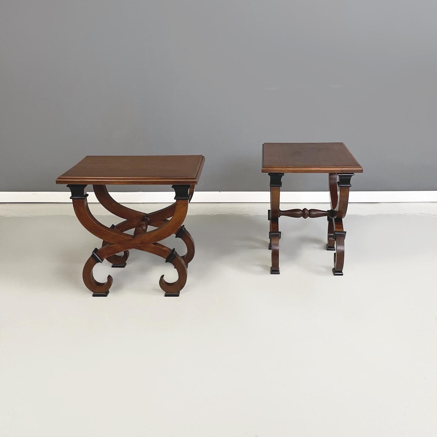 Italian mid-century Stools in finely crafted solid wood in Biedermeier style, 1950s
Stools with rectangular seat, entirely in solid wood. The finely crafted paws feature black painted wooden details. The legs cross in the middle and have curled