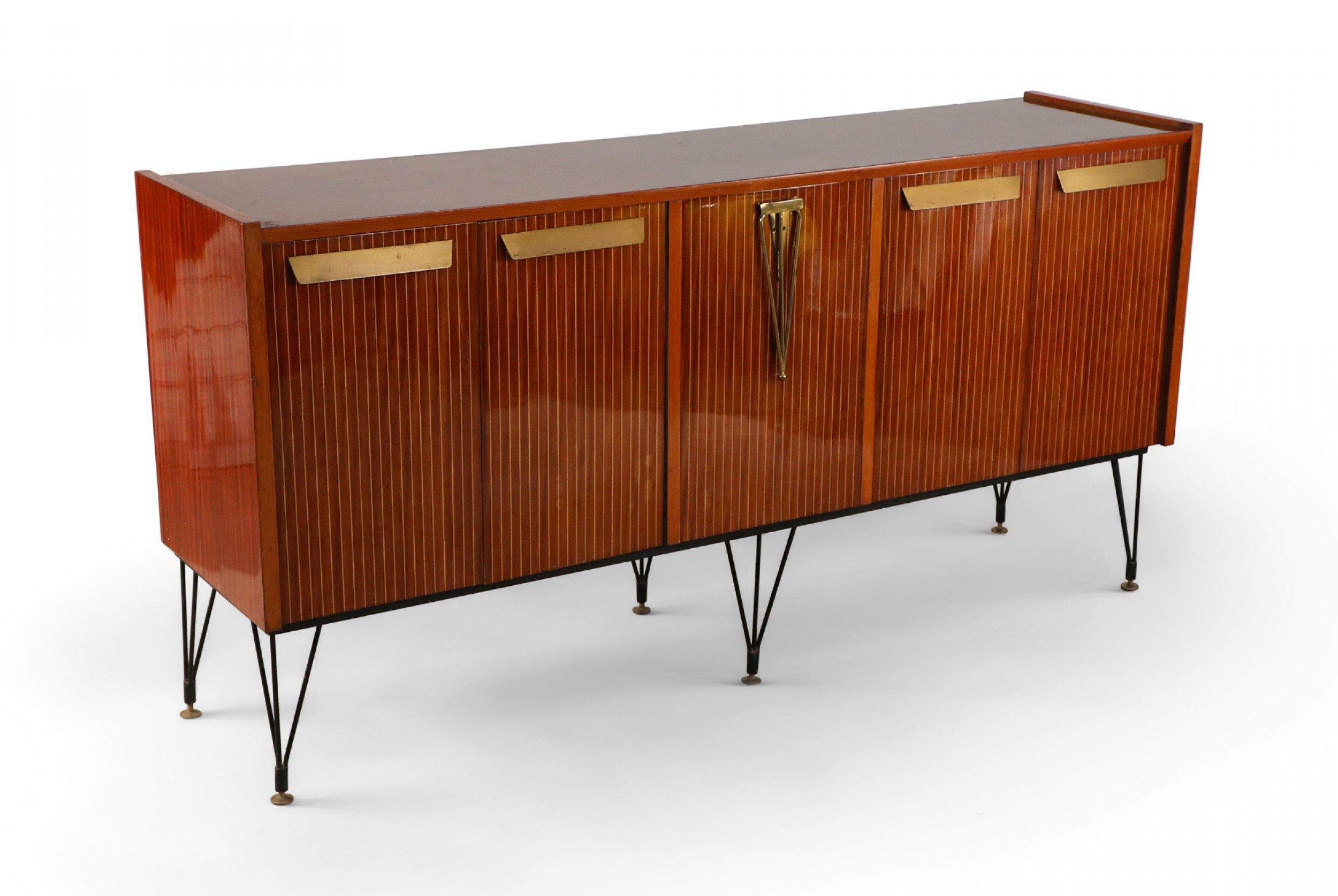 20th Century Italian Mid-Century Striped Veneer Mahogany and Brass Sideboard For Sale