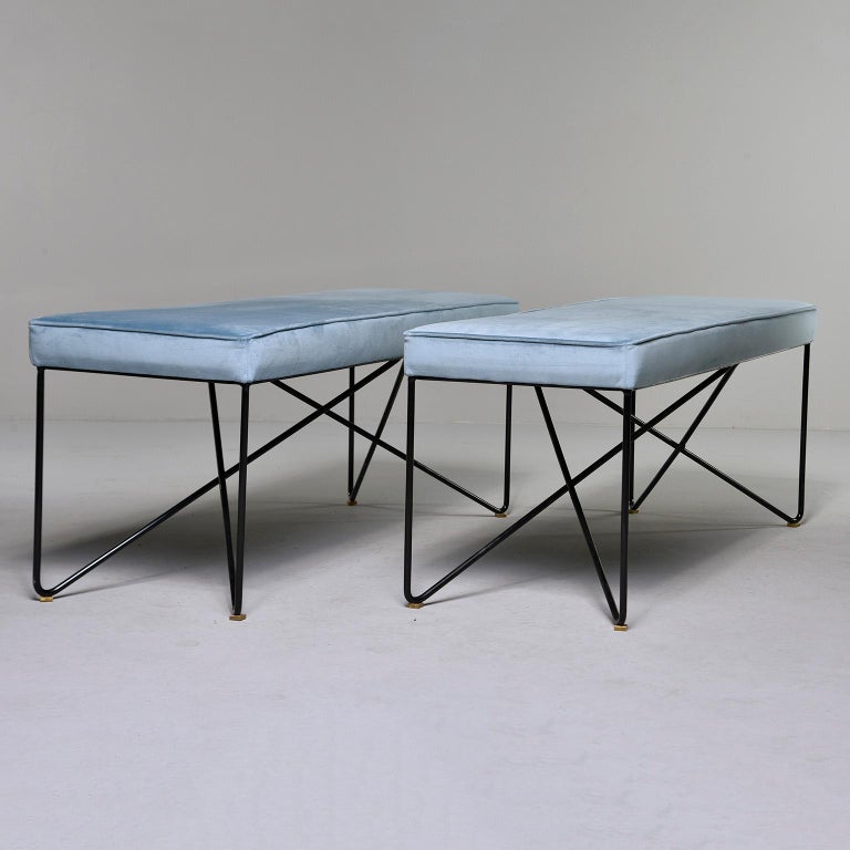 Italian Midcentury Style Bench With Blue Velvet Upholstery