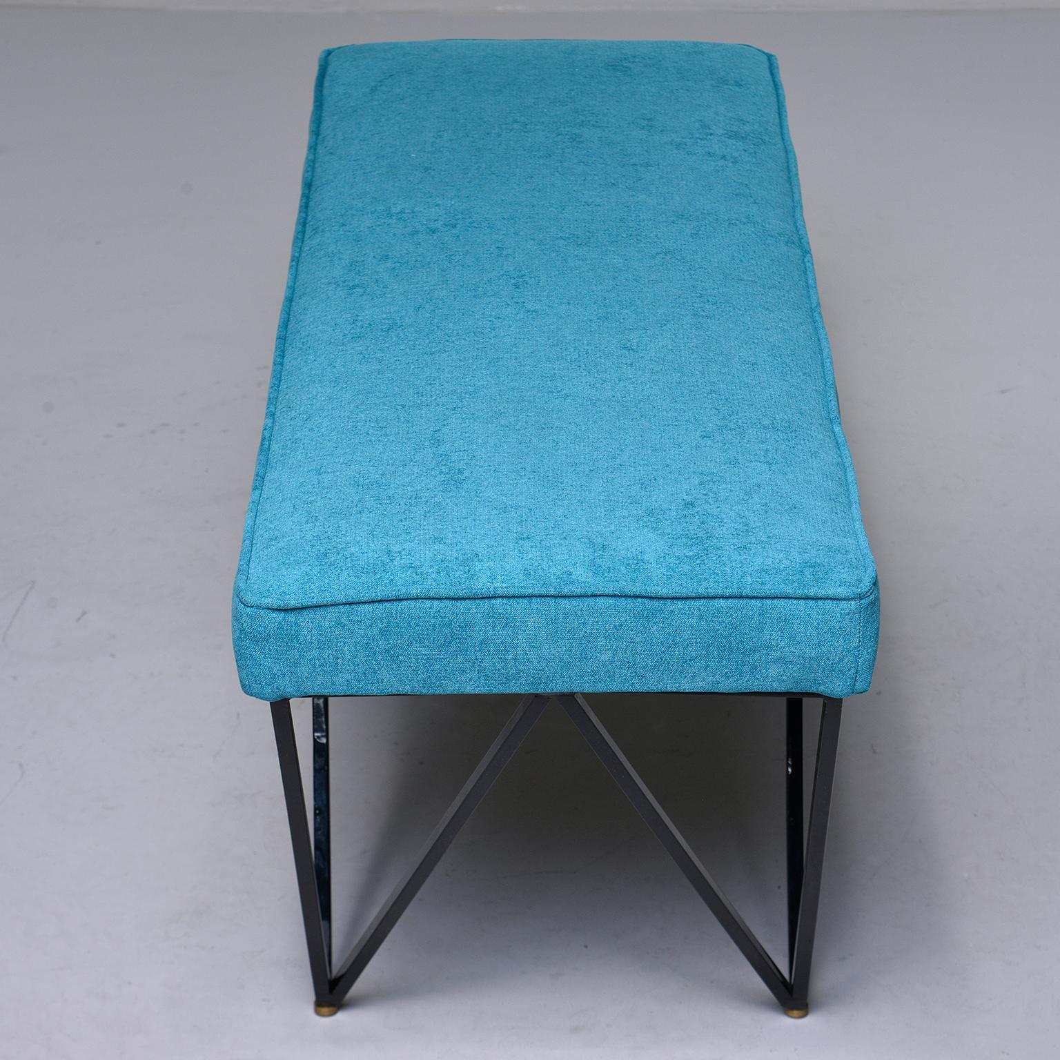 Italian Midcentury Style Bench with Teal Fabric and Black Metal Legs In Excellent Condition In Troy, MI