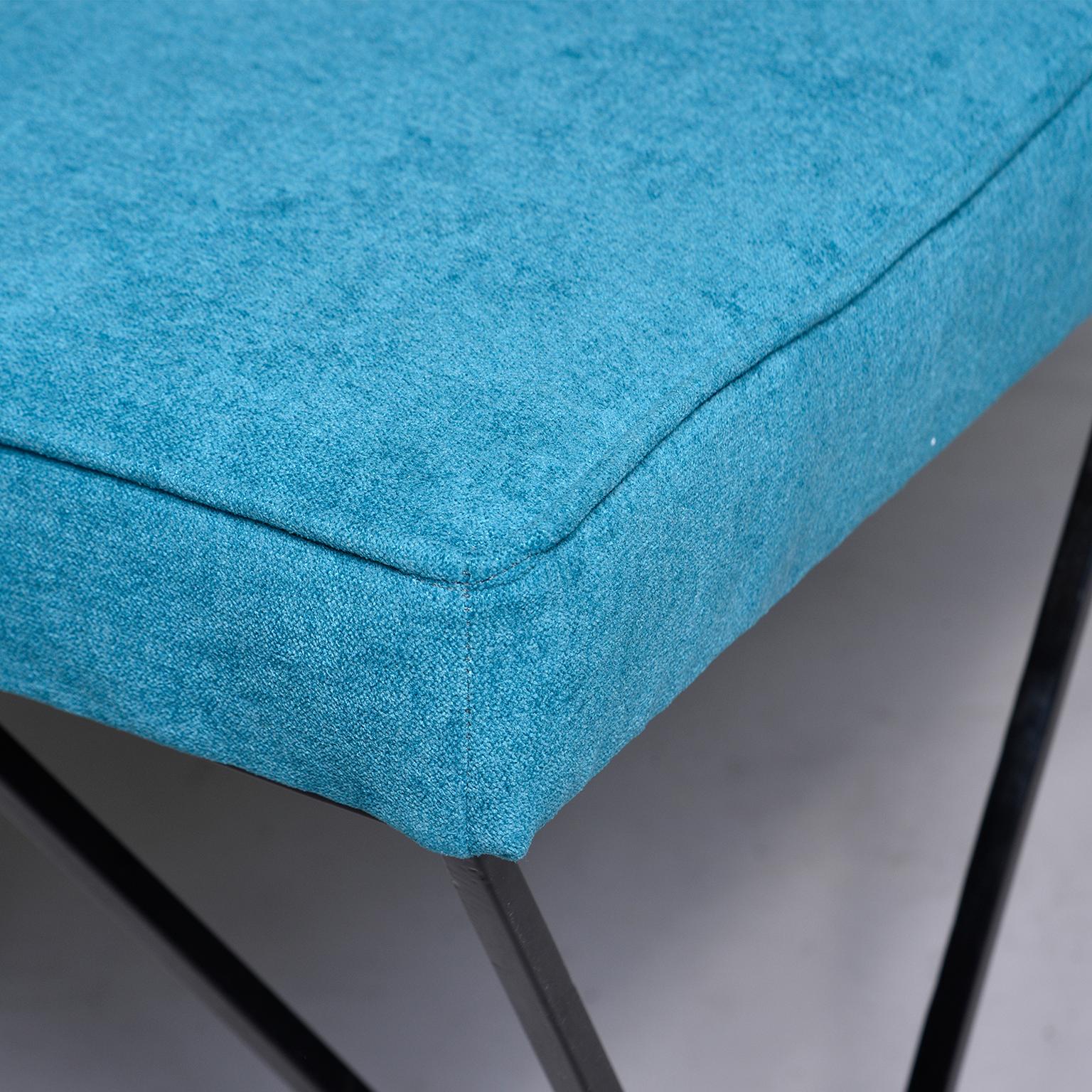 Contemporary Italian Midcentury Style Bench with Teal Fabric and Black Metal Legs