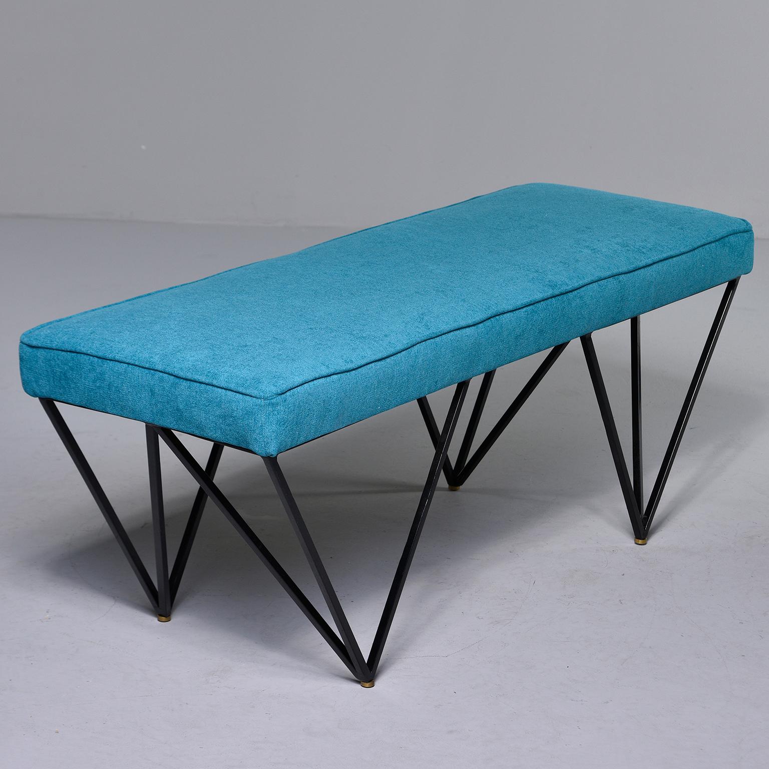 Italian Midcentury Style Bench with Teal Fabric and Black Metal Legs 1