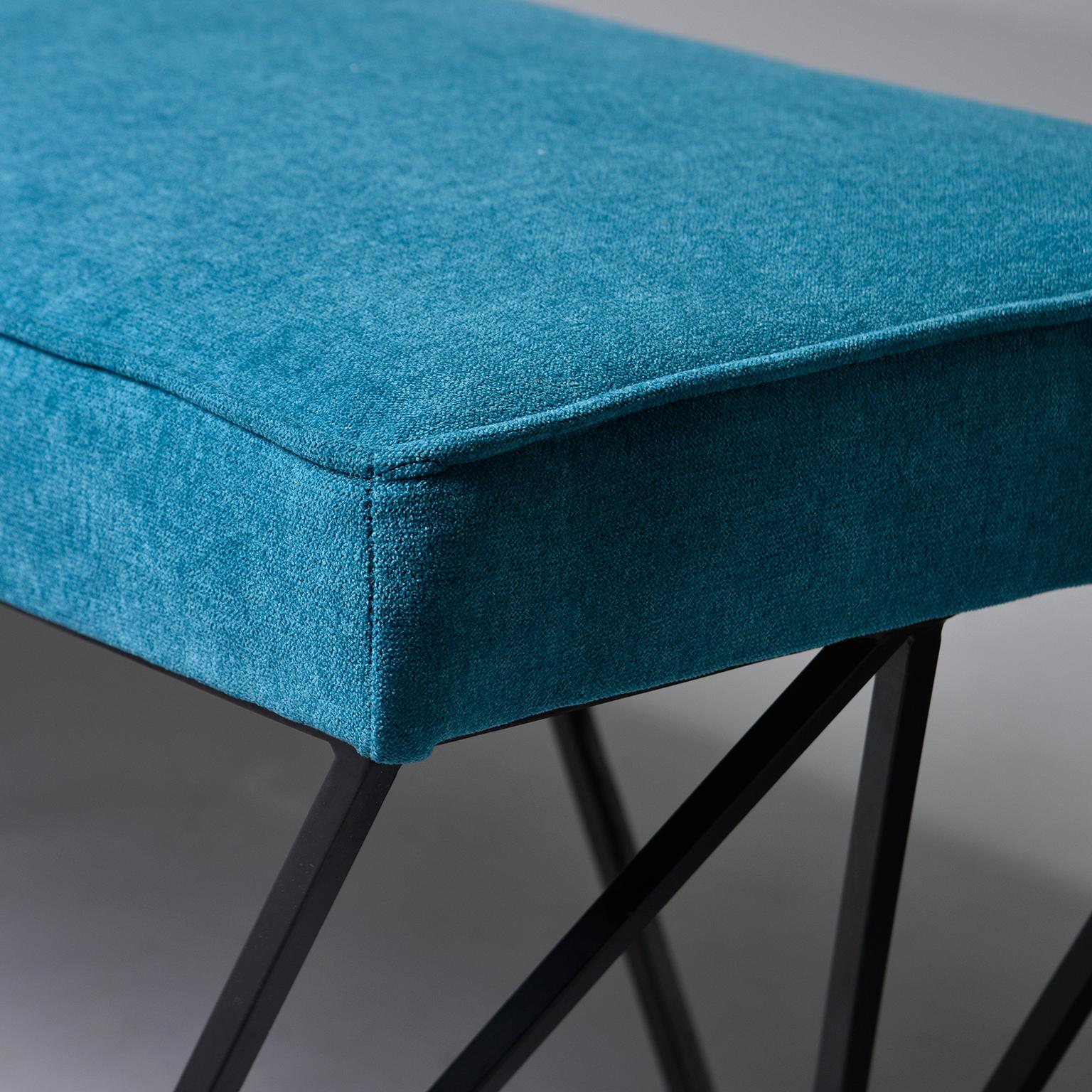 Italian Midcentury Style Bench with Teal Fabric and Black Metal Legs 2