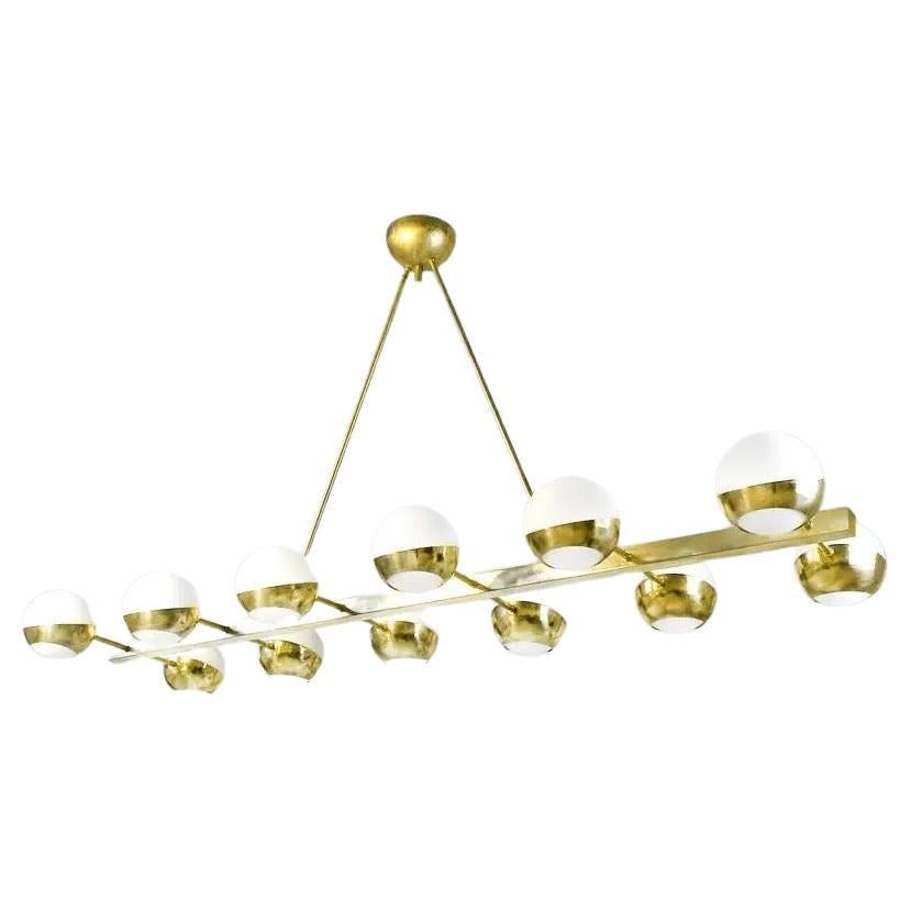 Italian Mid Century Style Brass Chandelier with 12 glass globe lights For Sale