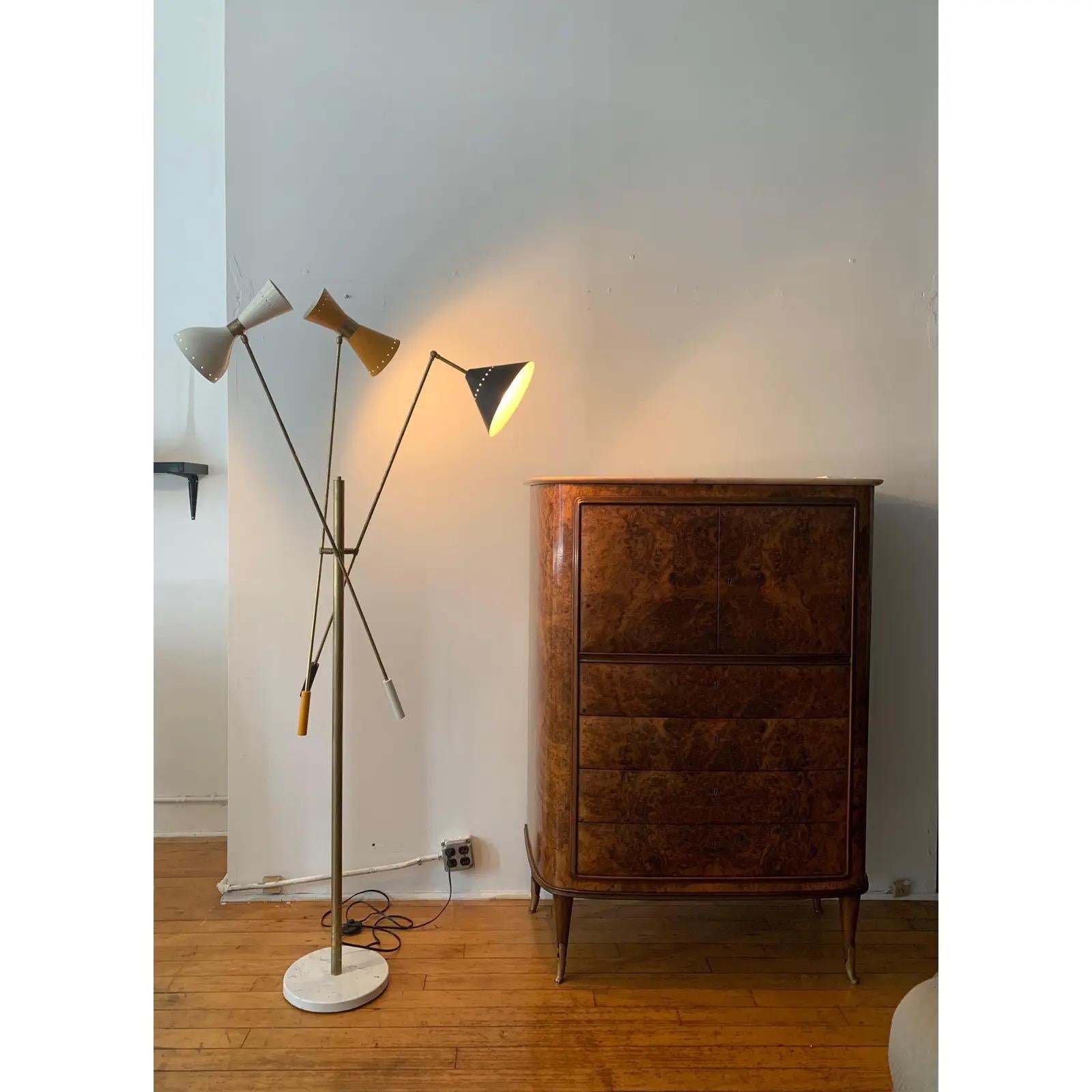 Patinated Italian Mid-Century Style Brass Floor Lamp with Directional Multicolor Shades For Sale