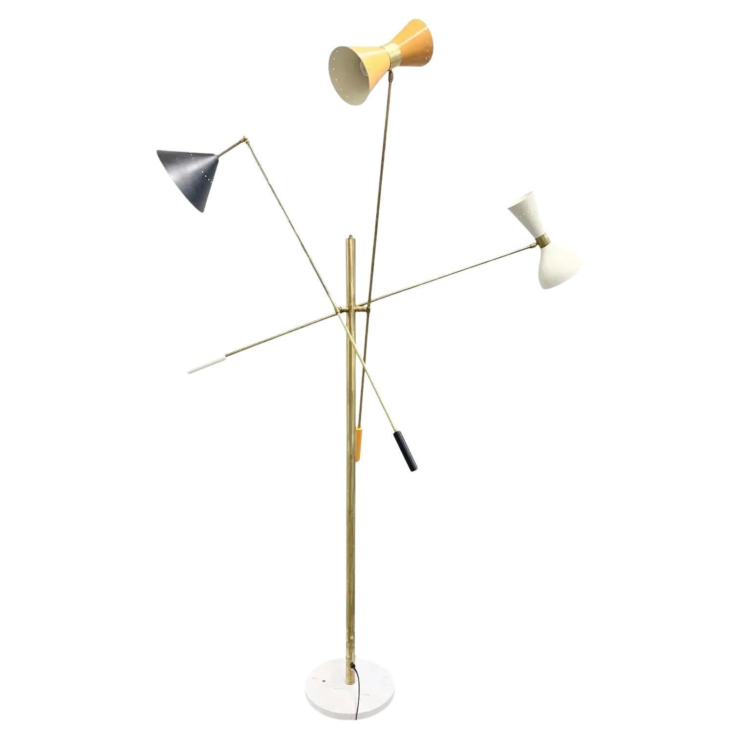 Italian Mid-Century Style Brass Floor Lamp with Directional Multicolor Shades For Sale