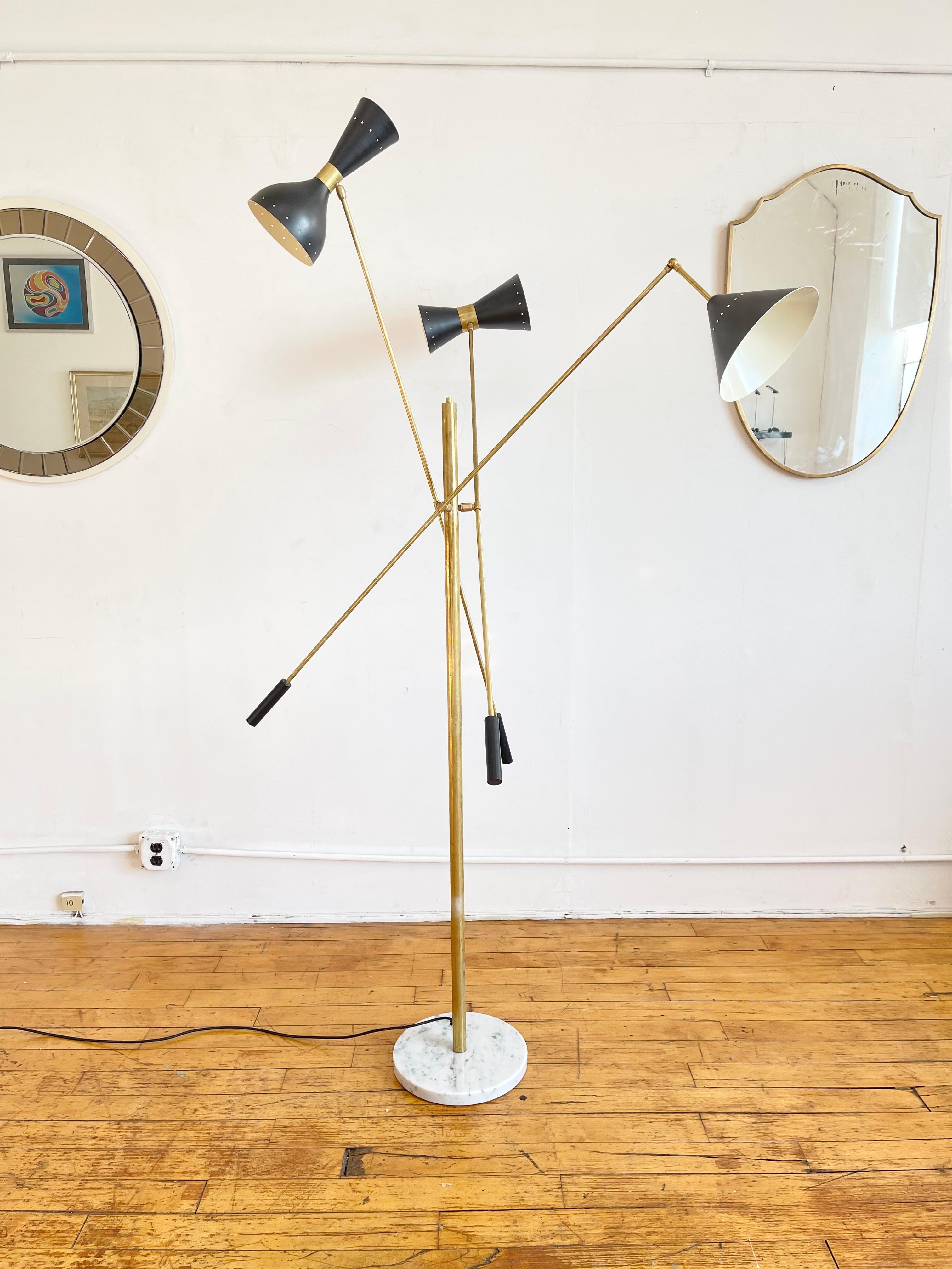 Italian Mid Century Style Brass Floor Lamp With Directional Black Shades For Sale 9