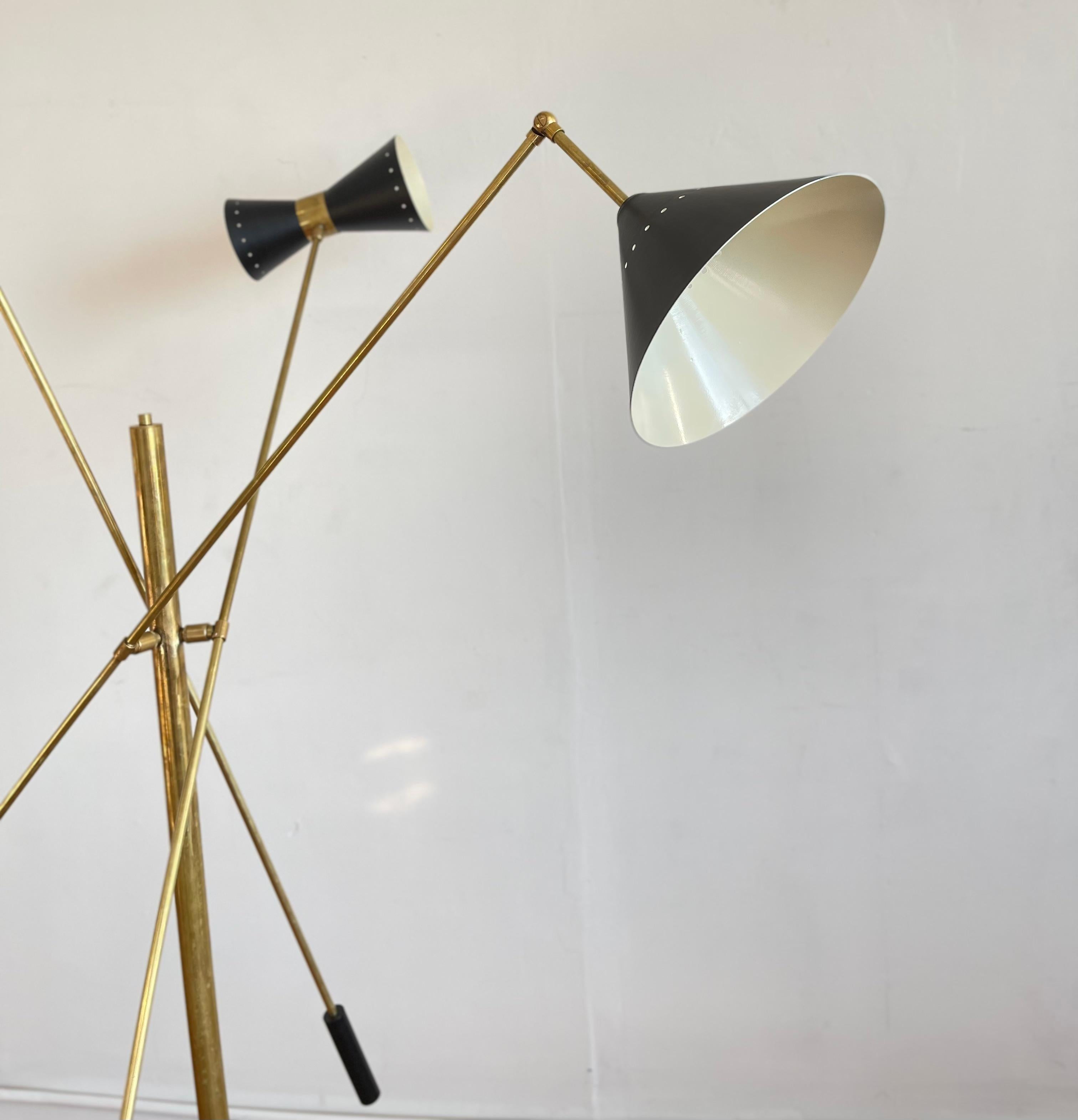 Contemporary Italian Mid Century Style Brass Floor Lamp With Directional Black Shades For Sale