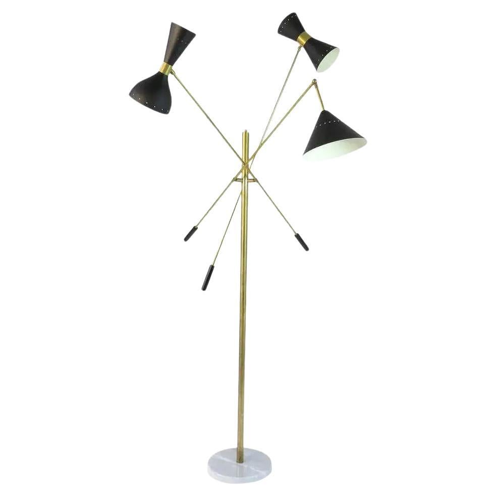 Italian Mid Century Style Brass Floor Lamp With Directional Black Shades For Sale