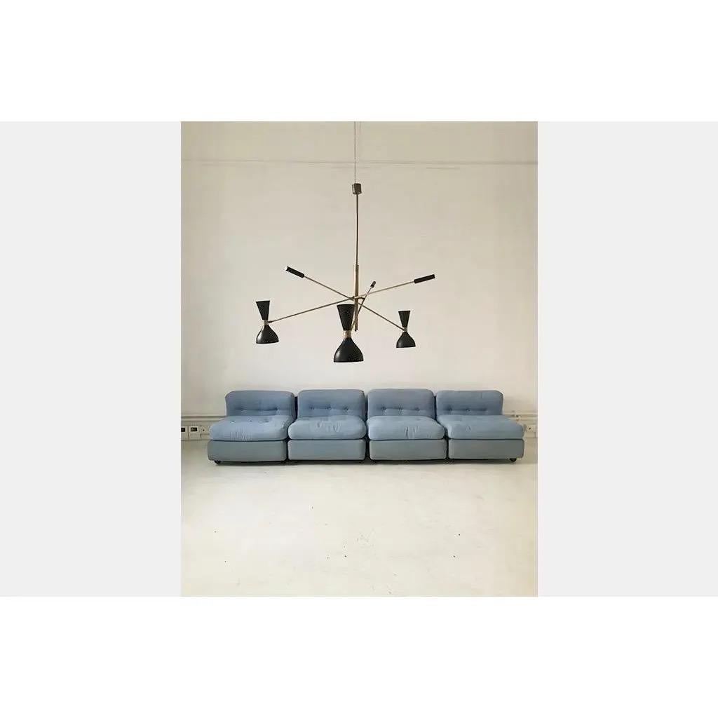Patinated Italian Mid Century Style Chandelier with Multicolored Shades on Three Arms For Sale
