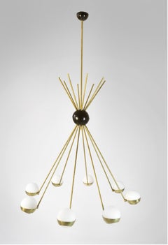 Italian Mid Century Style Eight Globes Brass and Glass Chandelier