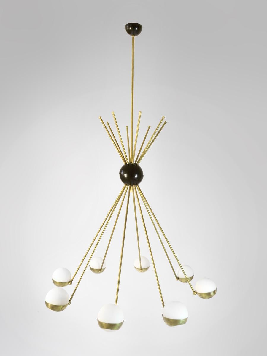 Contemporary Italian Mid Century Style Eight Globes Brass and Glass Chandelier For Sale