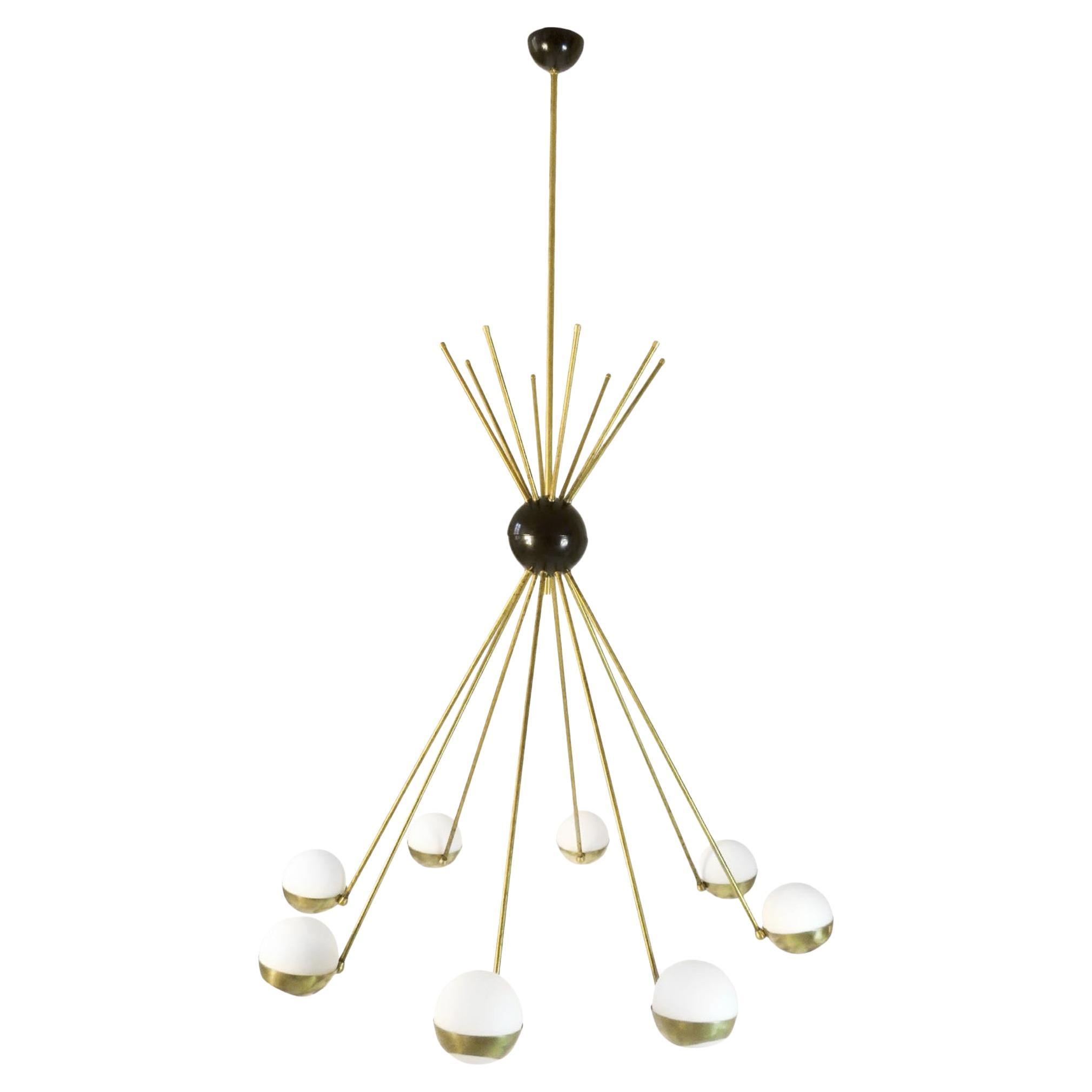 Italian Mid Century Style Eight Globes Brass and Glass Chandelier