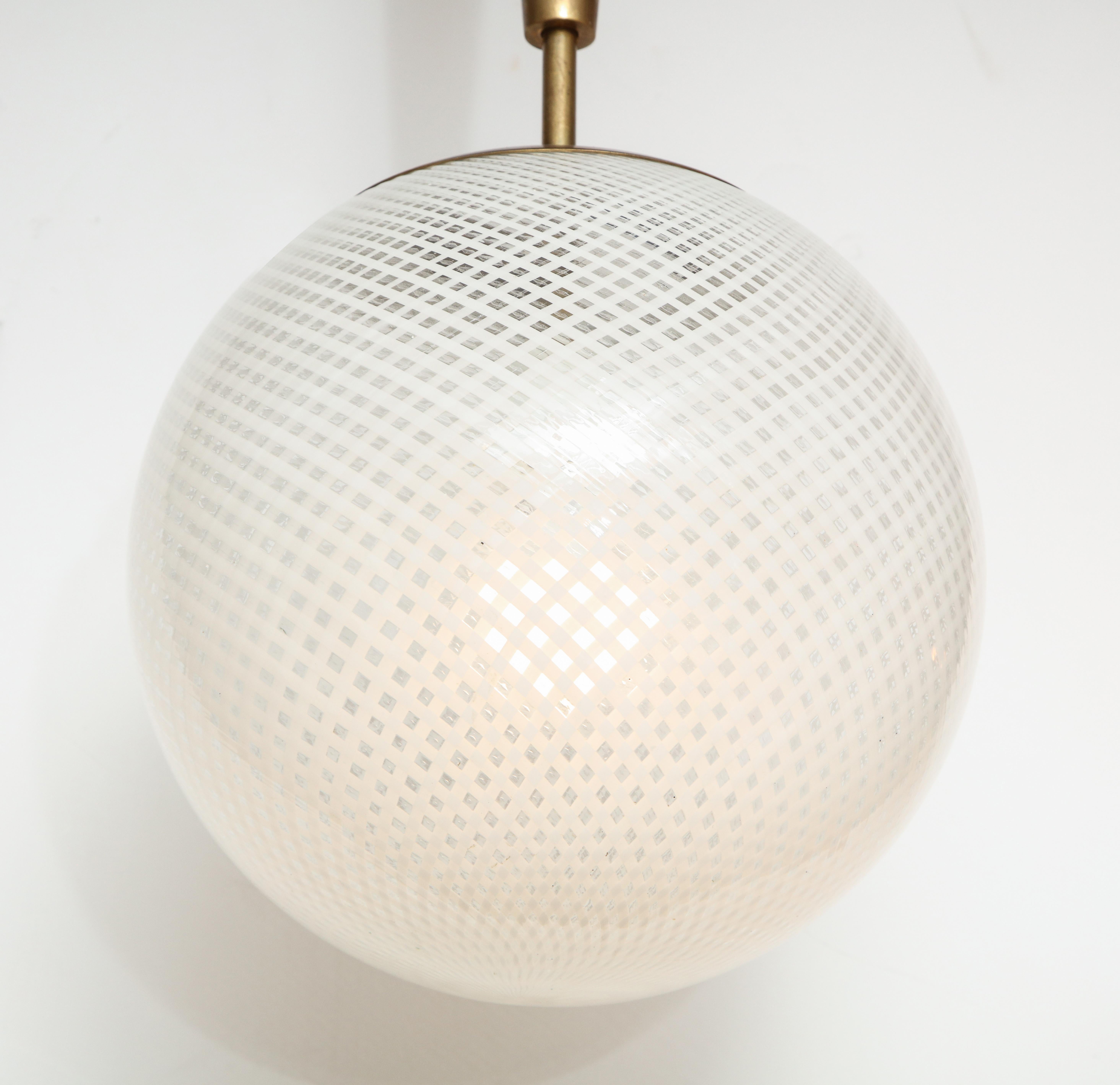 Italian Mid-Century Style Patterned Murano Globe Pendant with Tapered Brass Stem In Excellent Condition In New York, NY