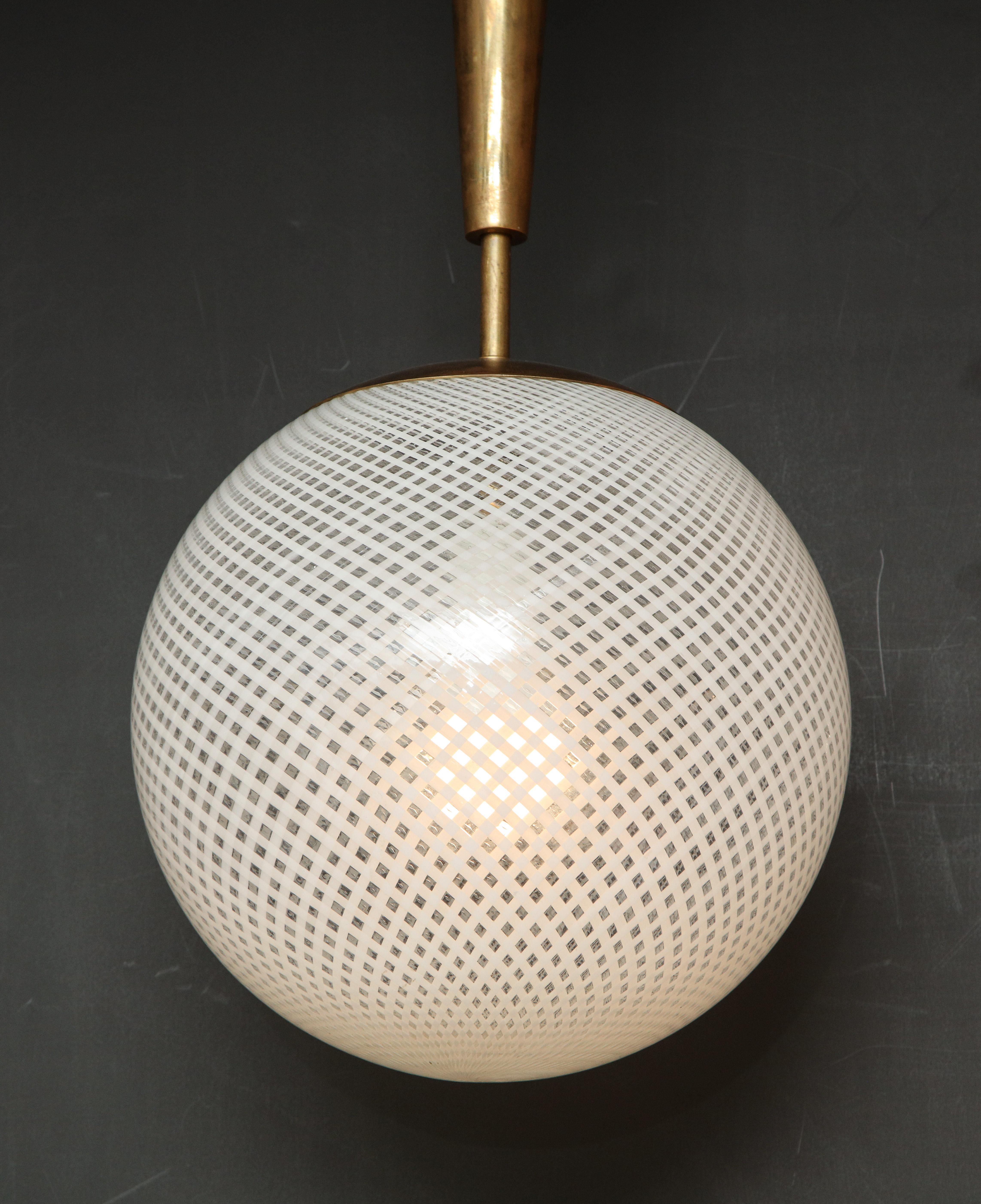 Contemporary Italian Mid-Century Style Patterned Murano Globe Pendant with Tapered Brass Stem
