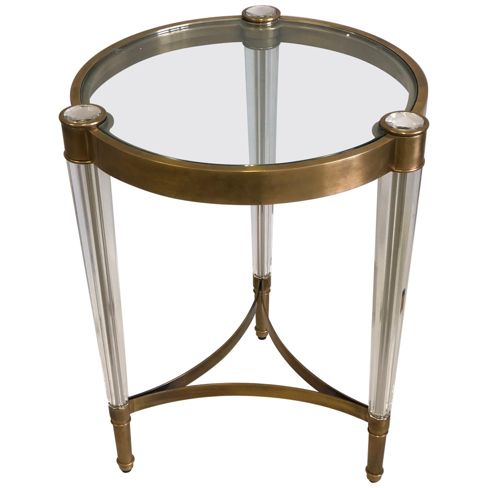 Midcentury Style Solid Brass & Crystal Side Tables, Attributed to Baccarat