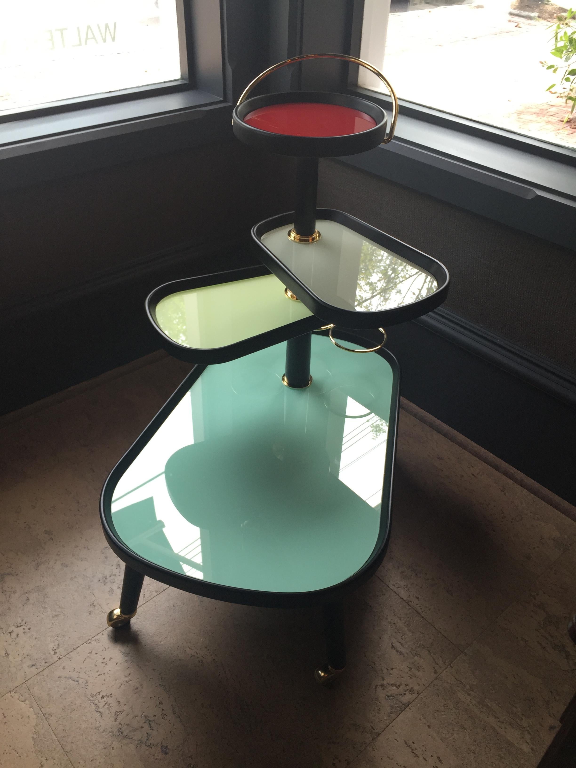 Italian Midcentury Style Wheeled Trolley, Bar Serving Cart, Tiered Stand In New Condition For Sale In Southhampton, NY