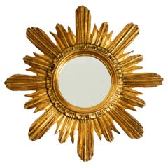 Specchio da parete italiano Mid Century Sunburst in legno e resina, placcato oro