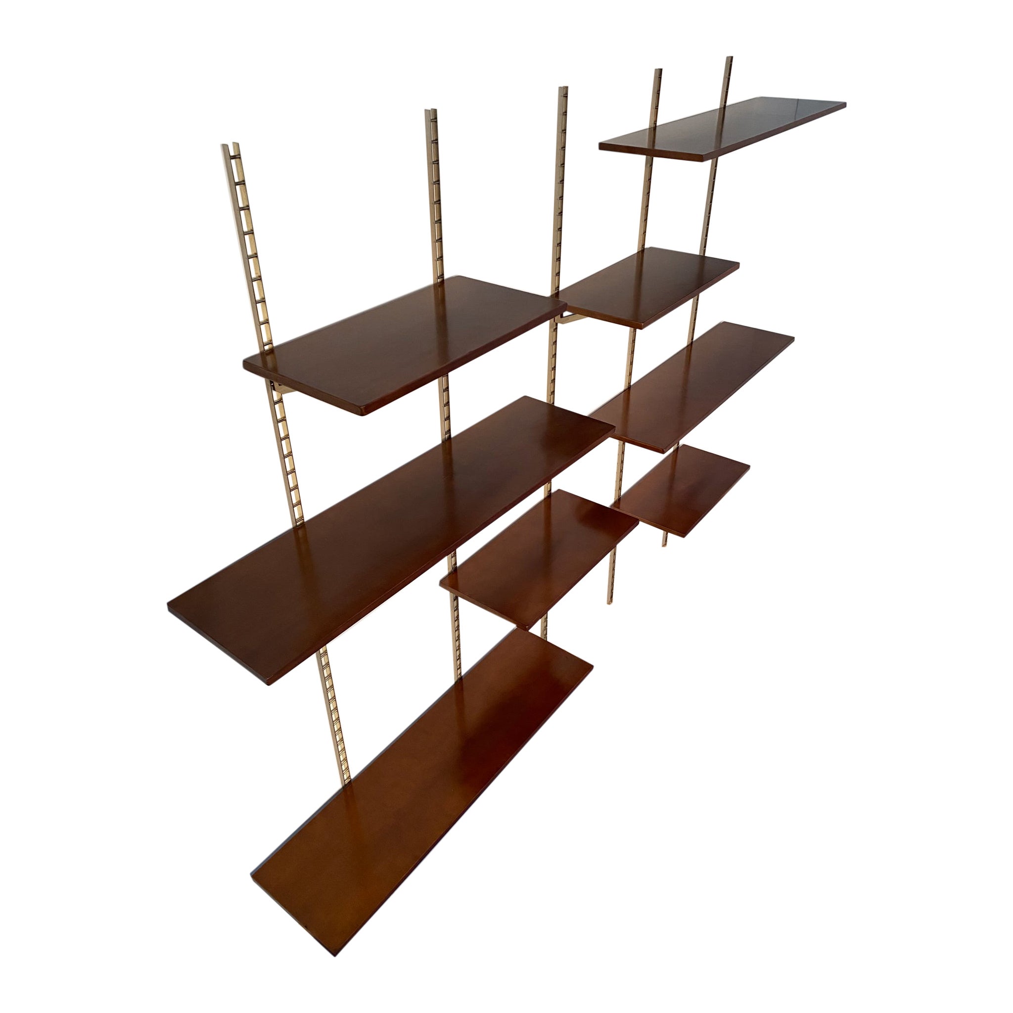 Italian Mid-Century Suspended Wall Unit Boockase in Walnut and Gilded Metal 1960