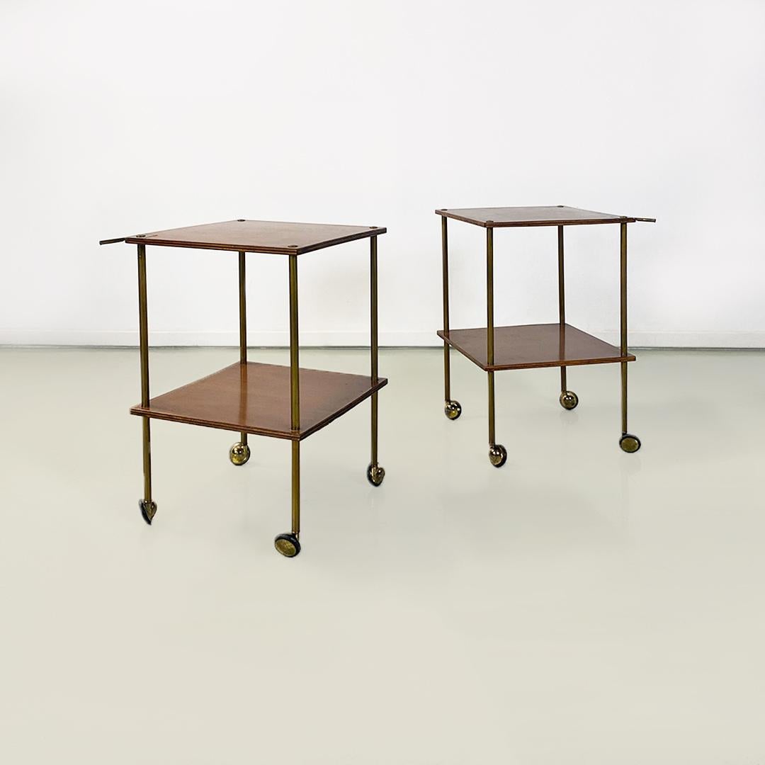 Italian mid century modern pair of wood and brass T9 carts or coffee tables by Luigi Caccia Dominioni for Azucena, 1955.
Pair of trolleys or coffee tables on wheels model T9, equipped with a double wooden shelf with a structure on wheels in brass,