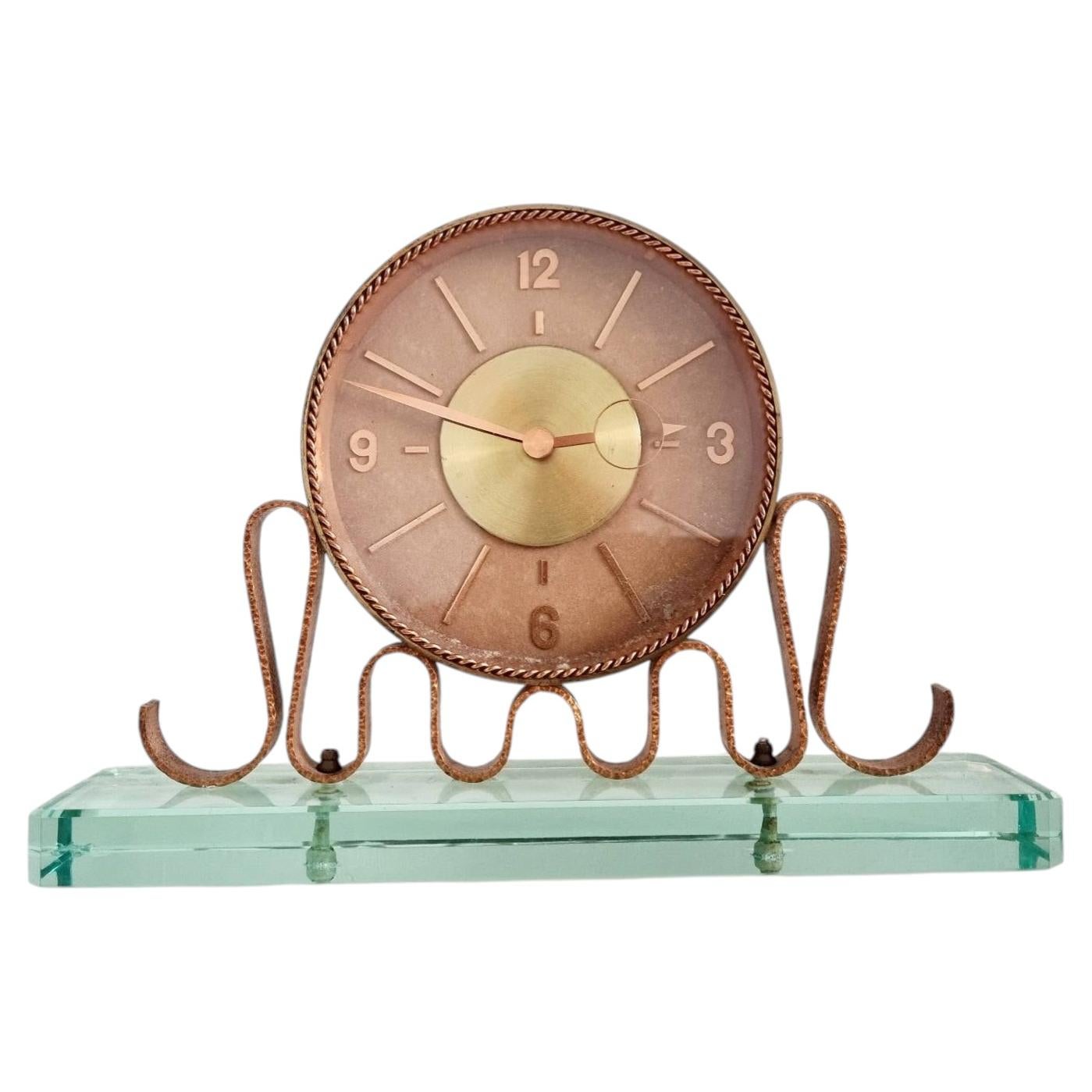 Italian Mid Century Table Clock, Copper and Glass, Italy 50s