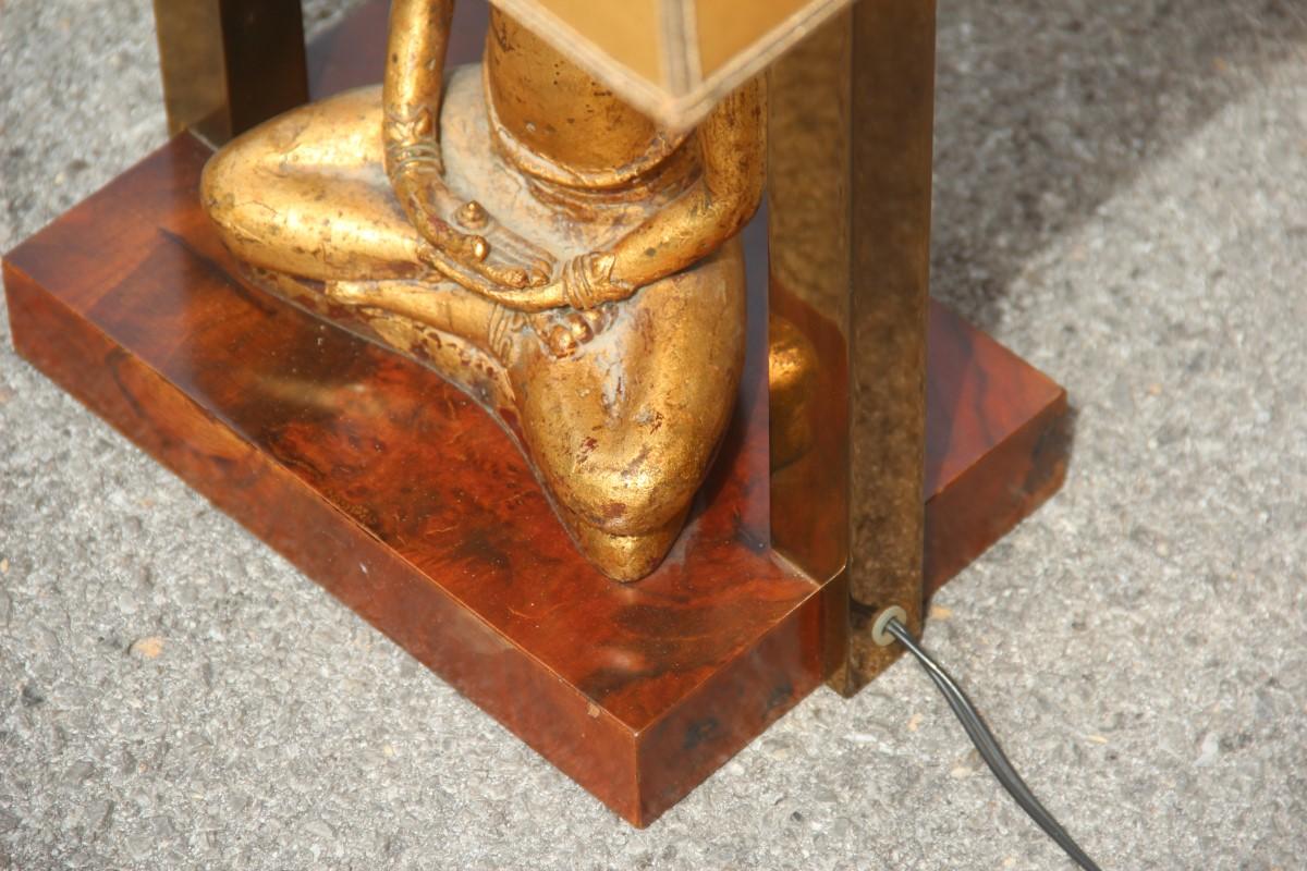 Italian Midcentury Table Lamp Buddha Brass Gold Walnut Root 1960s Rectangular For Sale 7