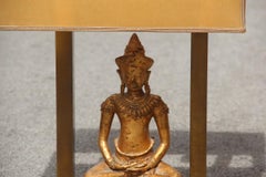 Italian Midcentury Table Lamp Buddha Brass Gold Walnut Root 1960s Rectangular