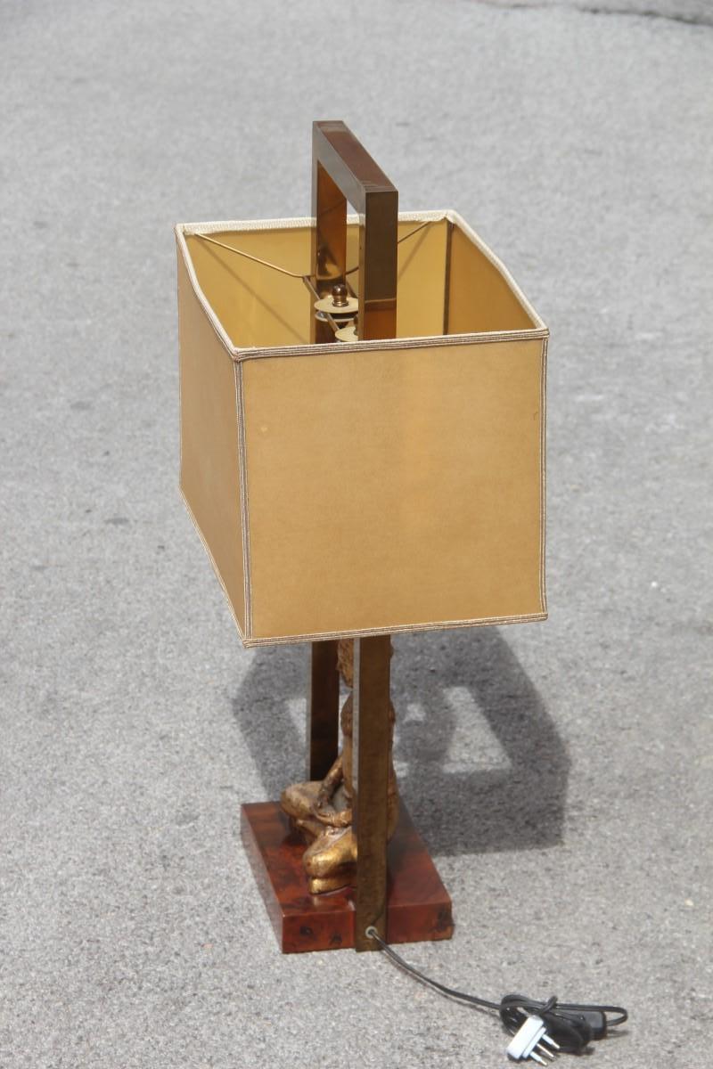 Italian Midcentury Table Lamp Buddha Brass Gold Walnut Root 1960s Rectangular For Sale 1