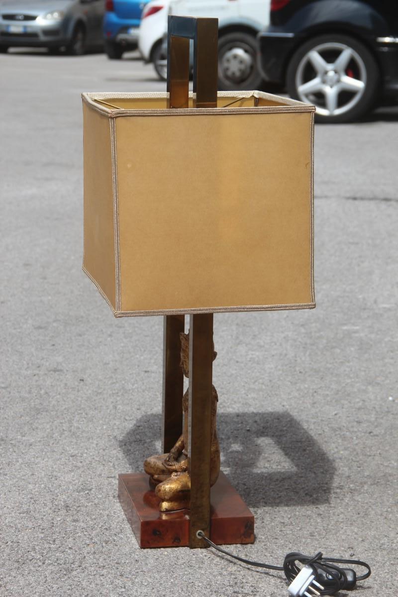 Italian Midcentury Table Lamp Buddha Brass Gold Walnut Root 1960s Rectangular For Sale 2