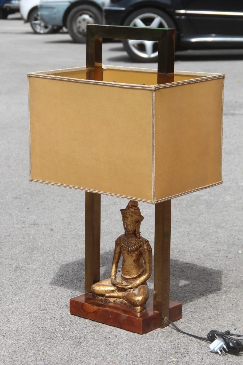 Italian Midcentury Table Lamp Buddha Brass Gold Walnut Root 1960s Rectangular For Sale 3