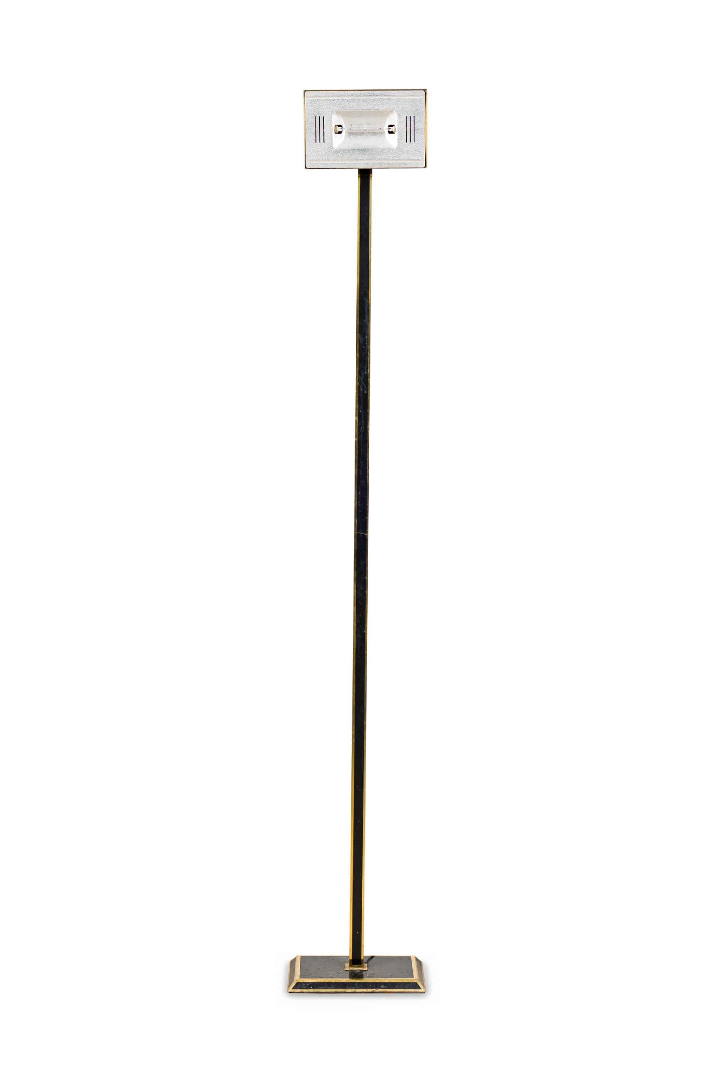 Italian Mid-Century Tall Brass and Black Lacquer trimmed floor lamp with a rectangular top light fixture and base connected by a narrow rectangular column