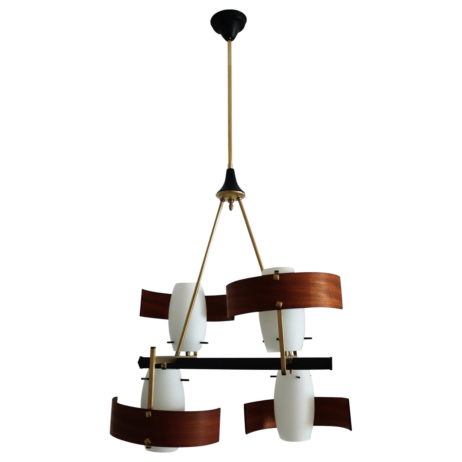 Italian Mid-Century Teak and Opaline Glass Chandelier by Sciolari, 1960s