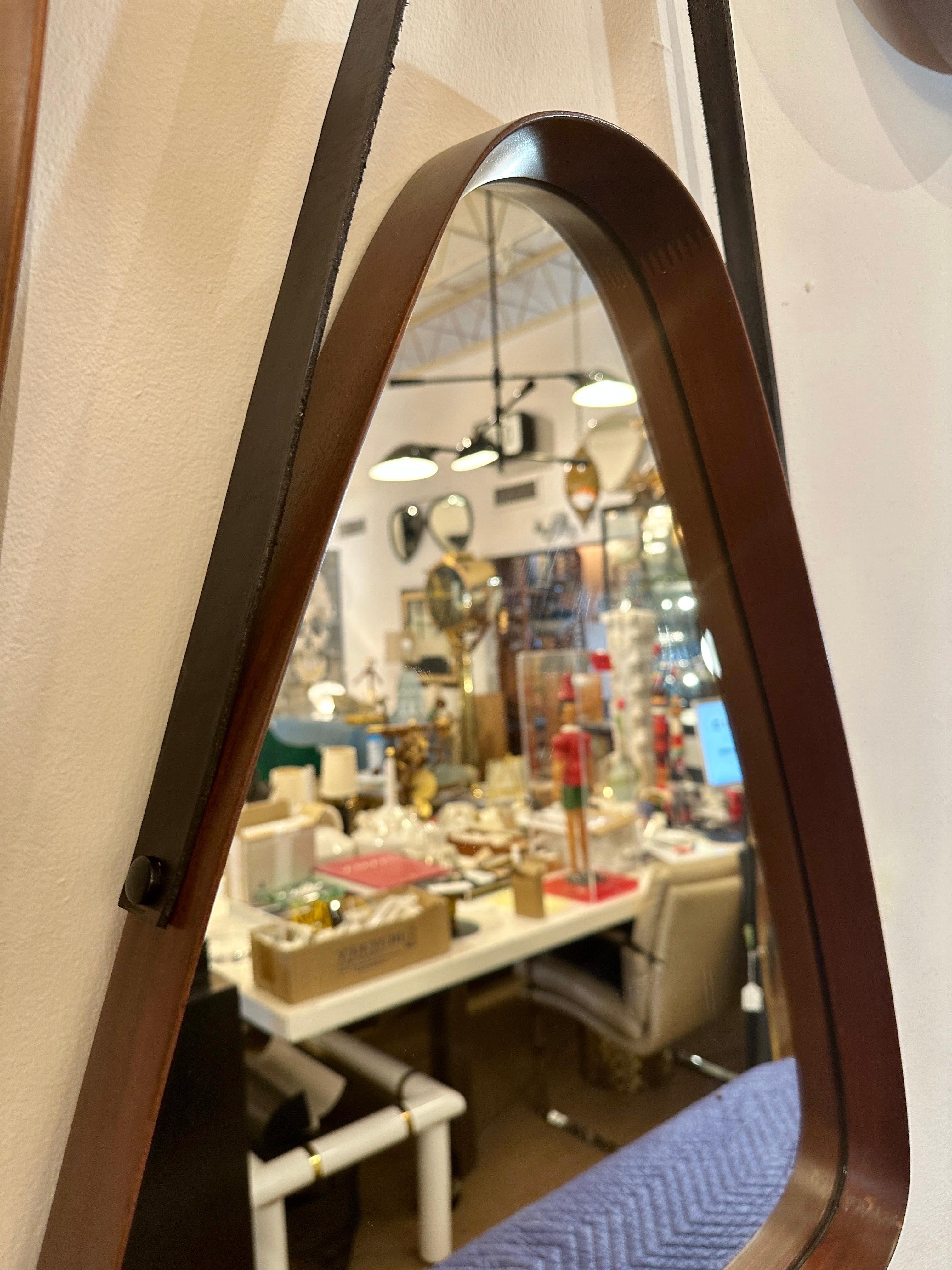 Italian Mid-century Walnut Frame & Leather Hanging Mirror 5